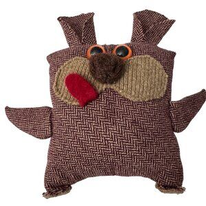 Handmade Owl Plush Toy Brown Herringbone Pattern & Button Eyes 8.5 in Vintage